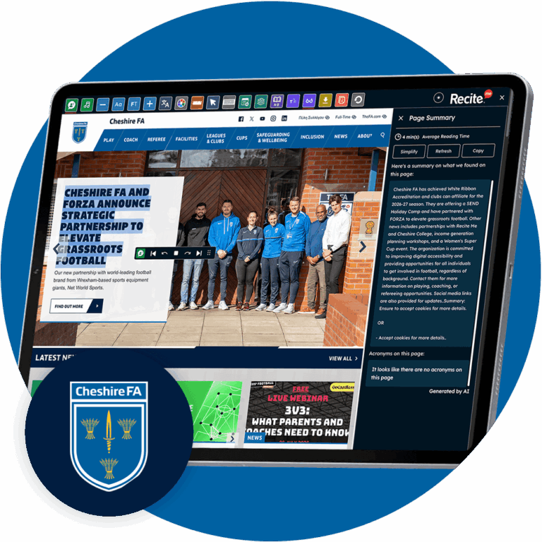 Cheshire FA website on a tablet using the Recite Me Toolbar