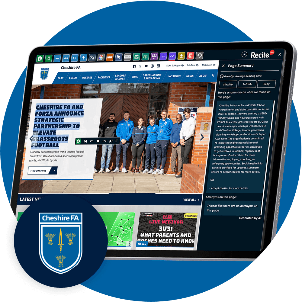 Cheshire FA website on a tablet using the Recite Me Toolbar