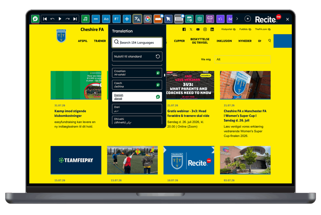 Cheshire FA website using the toolbar on a laptop