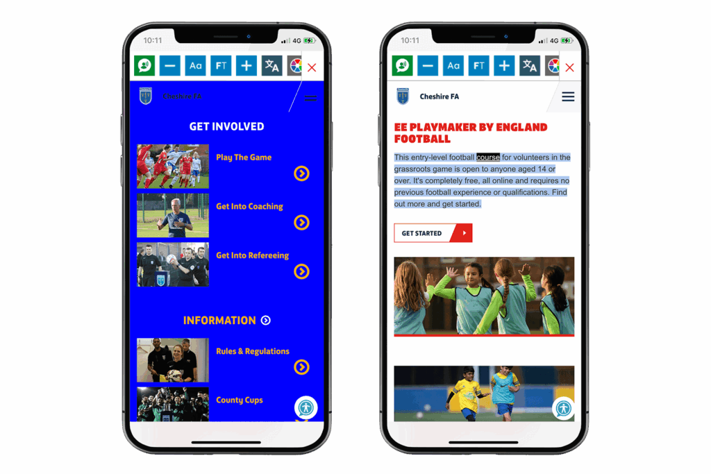 Cheshire FA website using the toolbar on a mobile