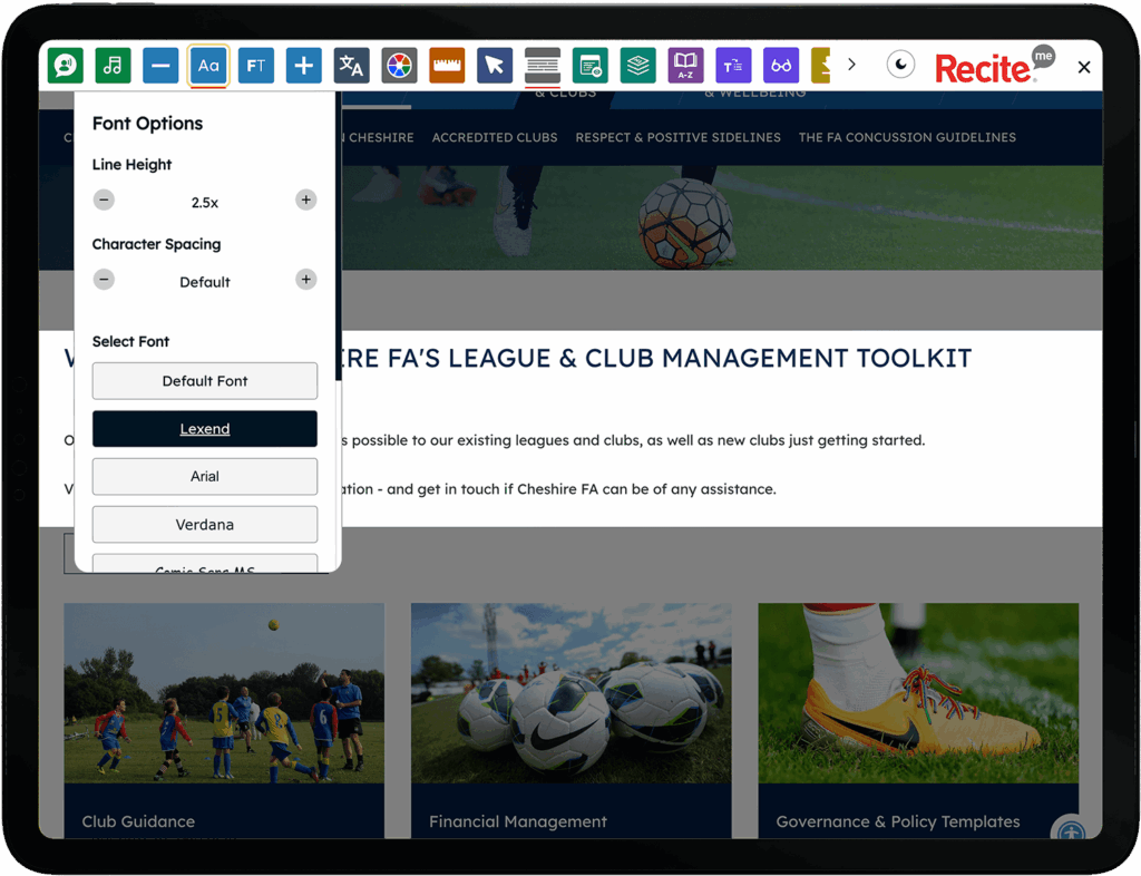 Cheshire FA website using the toolbar on a tablet