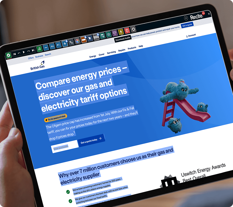 British Gas with the Download audio feature in use