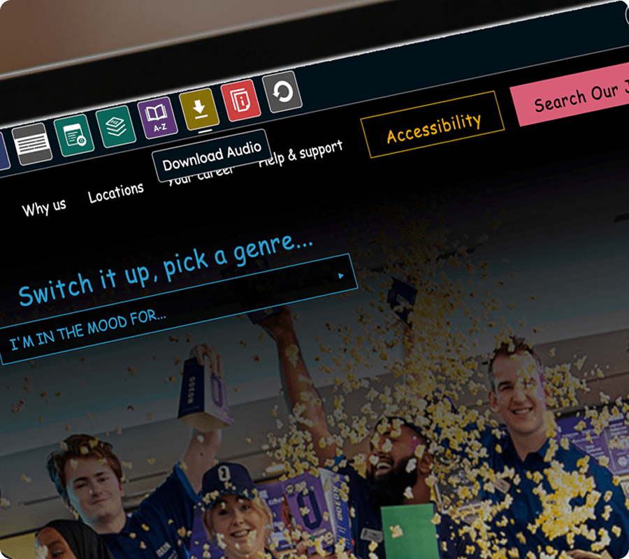 Close up of the Odeon website with the Download audio feature in use
