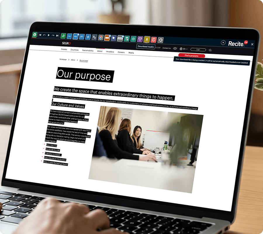 Segro website with the Download audio feature in use
