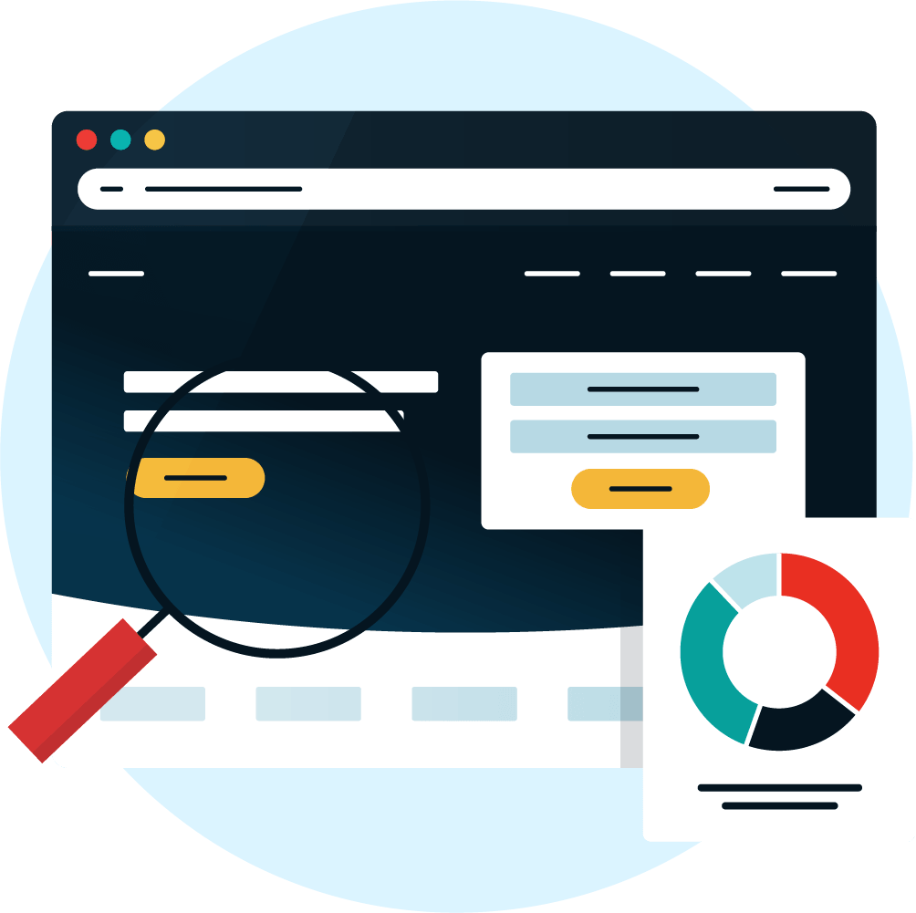 Website being audited, with a magnifying glass and pie cart