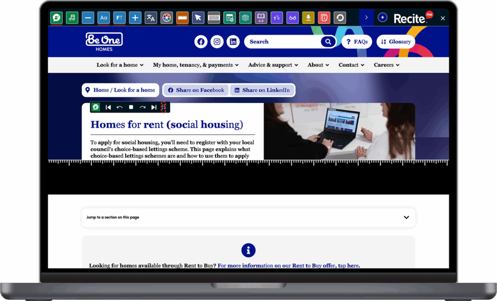 Be One Homes website with the toolbar being used on a laptop