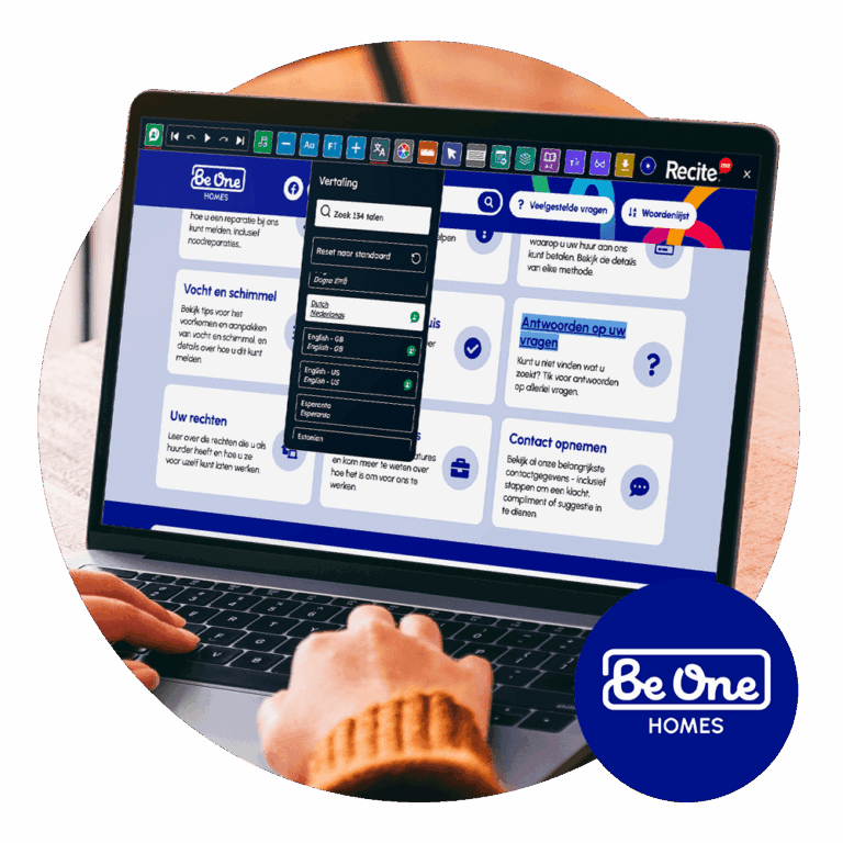 Recite Me Toolbar in use on the Be One Homes website
