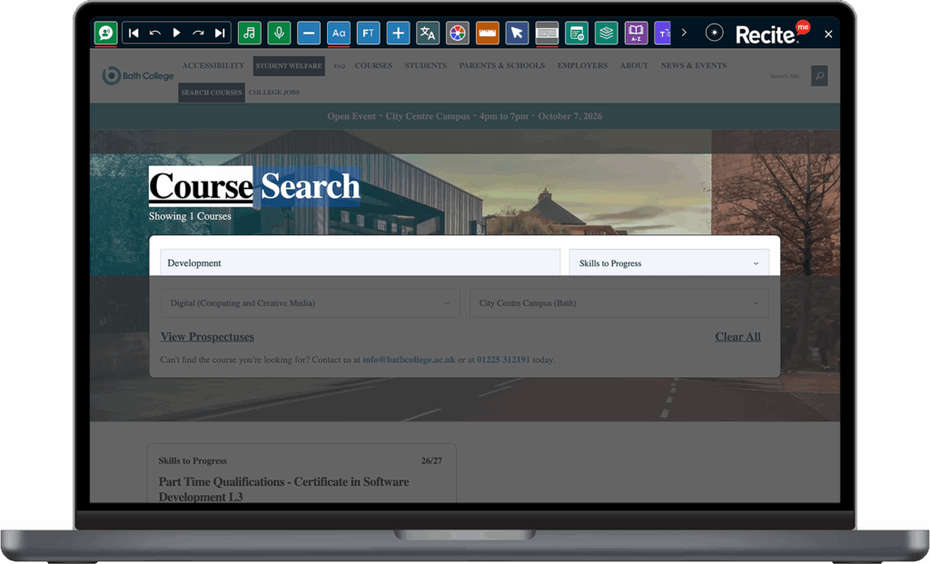 Bath college website on a laptop screen with Recite Me Toolbar