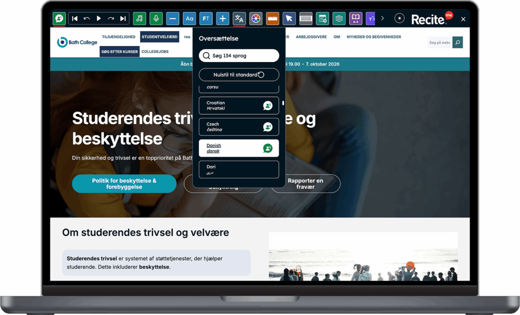 Bath college website on a laptop screen with Recite Me Toolbar