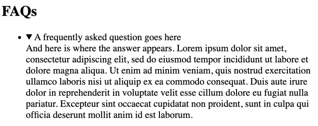 A screenshot showing the basic markup of the details and summary elements while expanded