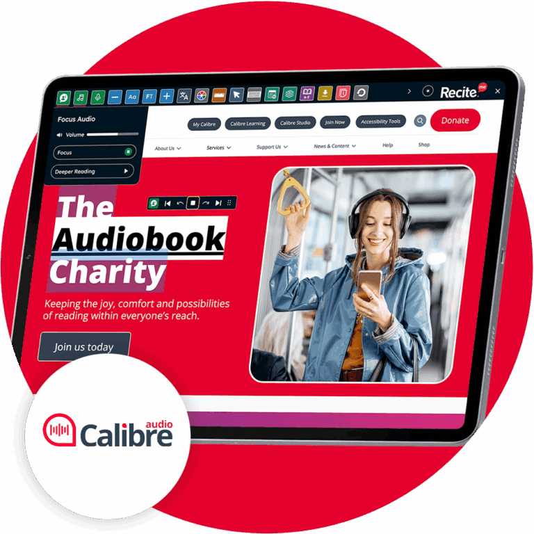 Recite Me toolbar using the focus audio feature on the Calibre website