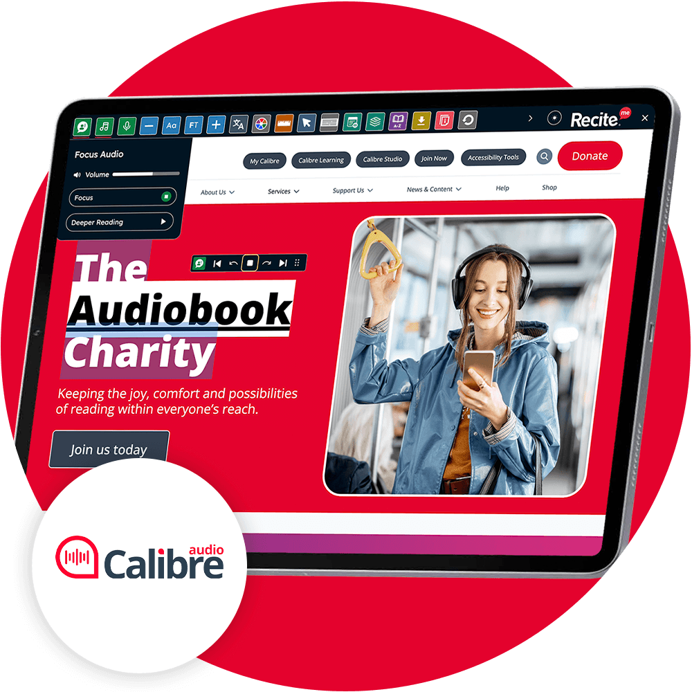 Recite Me toolbar using the focus audio feature on the Calibre website