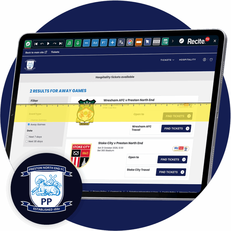 Recite Me toolbar using the text to speech and ruler features on the Preston FC website
