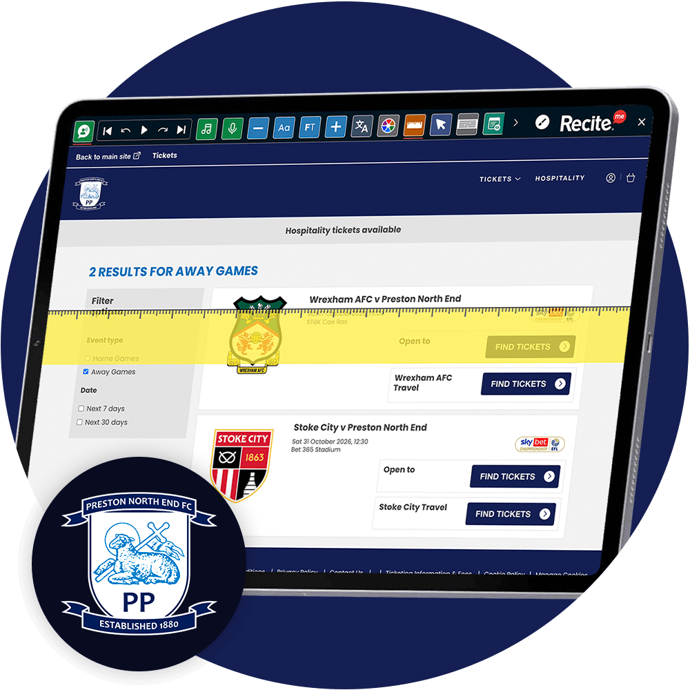 Recite Me toolbar using the text to speech and ruler features on the Preston FC website