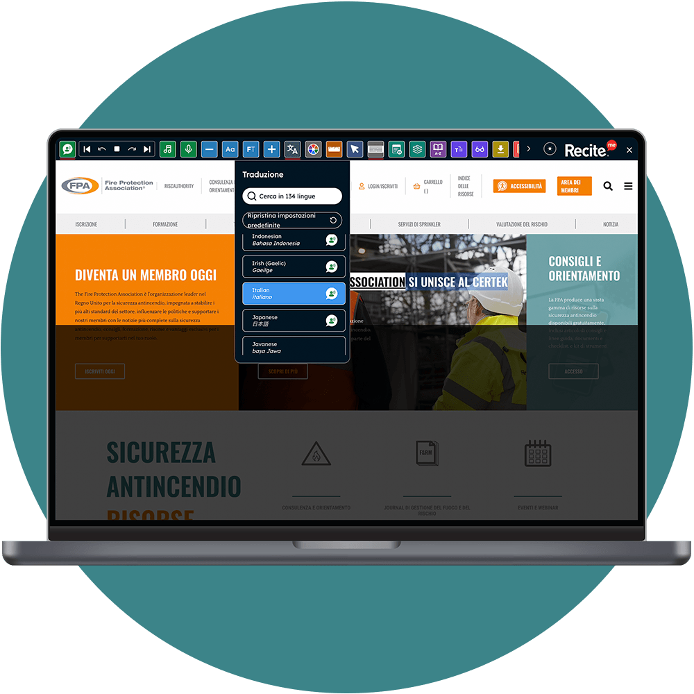 The toolbar using the language feature on the FPA website