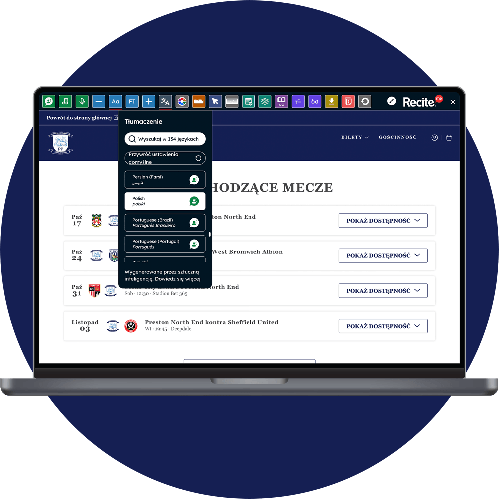 The toolbar using the language feature on the Preston FC website