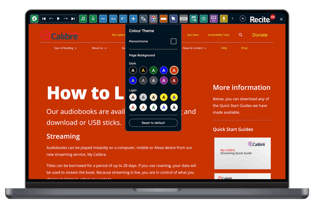 The toolbar using the Colour theme feature on the Calibre website