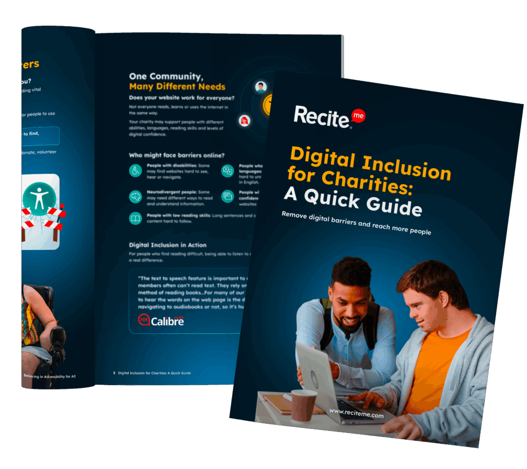 Mock-up of Recite Me’s Digital Inclusion for Charities guide, showing the front cover and inside pages. Is this conversation helpful so far?