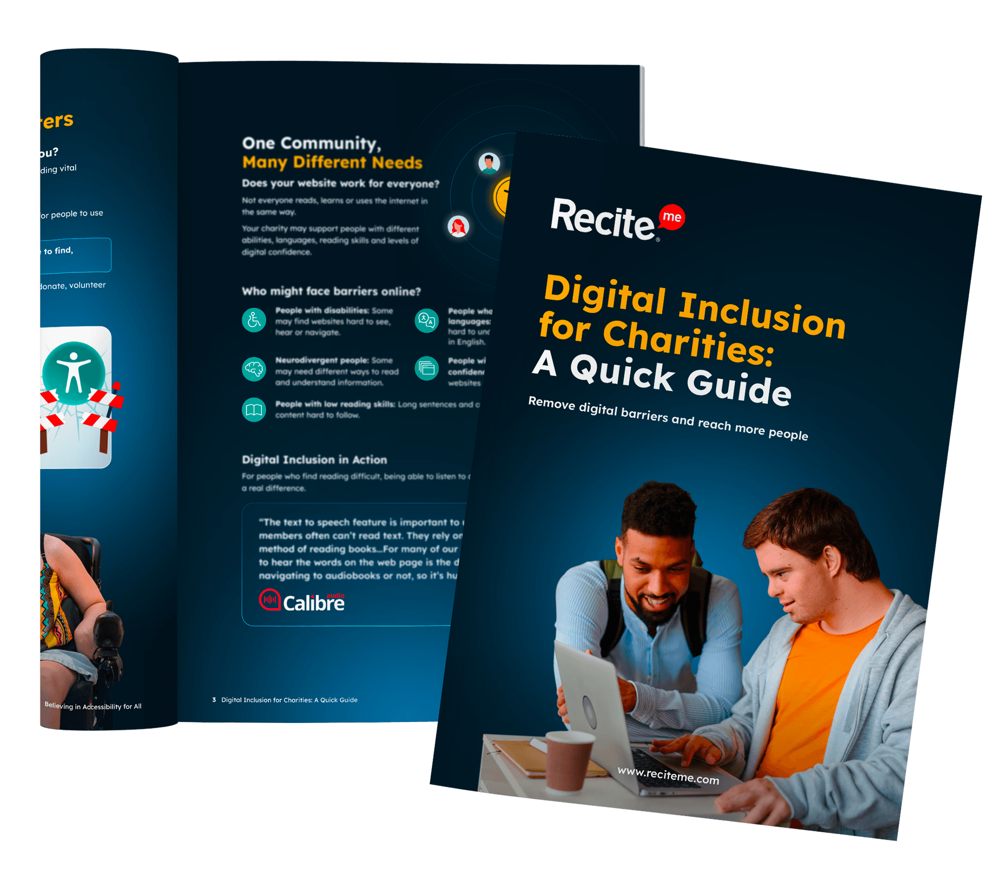 Mock-up of Recite Me’s Digital Inclusion for Charities guide, showing the front cover and inside pages. Is this conversation helpful so far?
