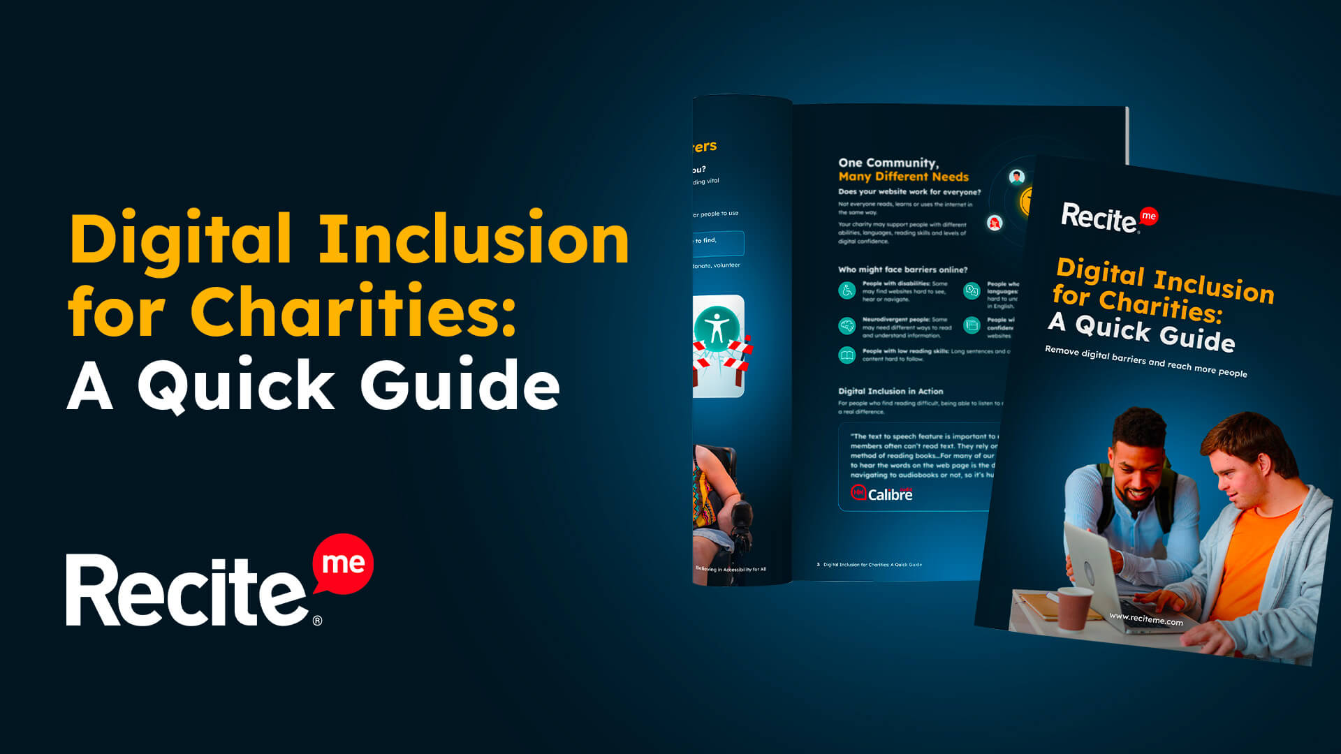 Recite Me’s Digital Inclusion for Charities guide thumbnail, featuring the title, logo and guide mock-up.