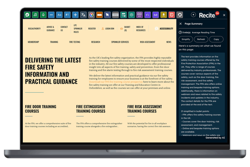The toolbar using the colour theme and summariser feature on the FPA website