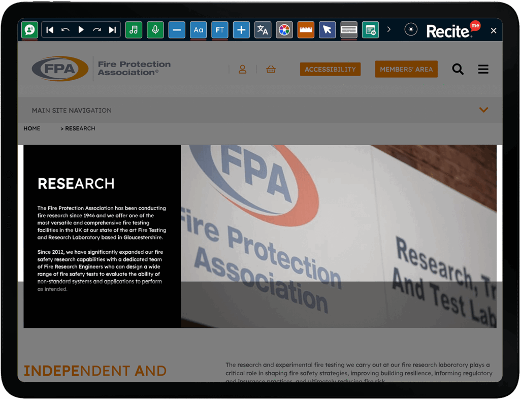 FPA website on a tablet using the Recite Me toolbar