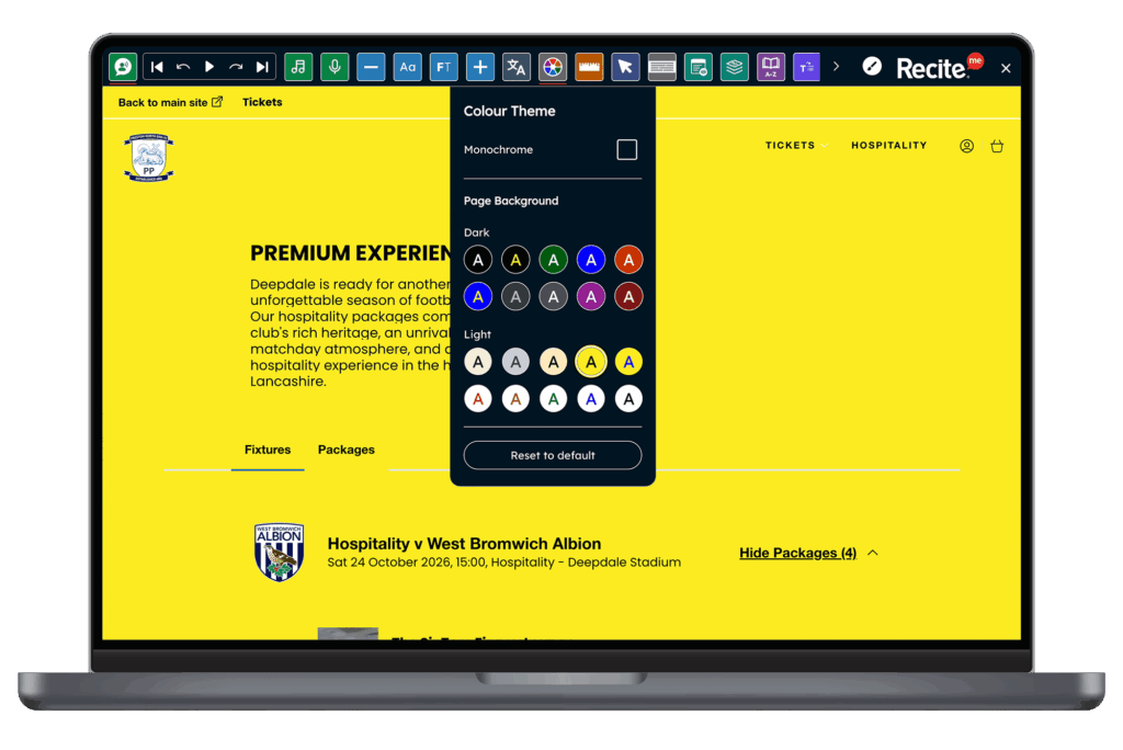 The toolbar using the colour theme feature on the Preston FC website
