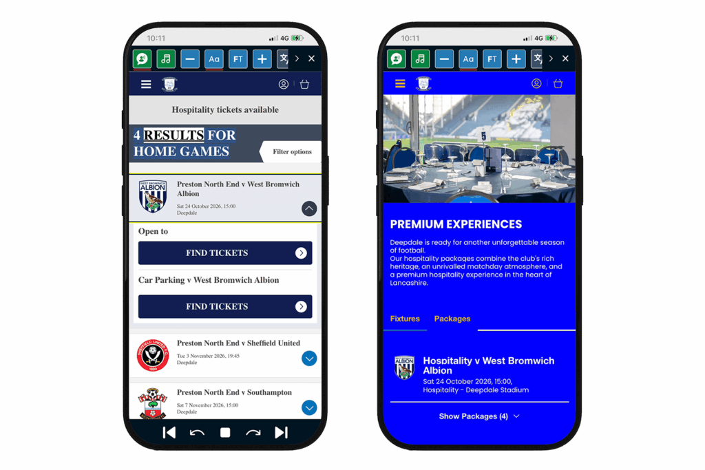 The toolbar using the Colour theme and text to speech feature on the Preston FC website