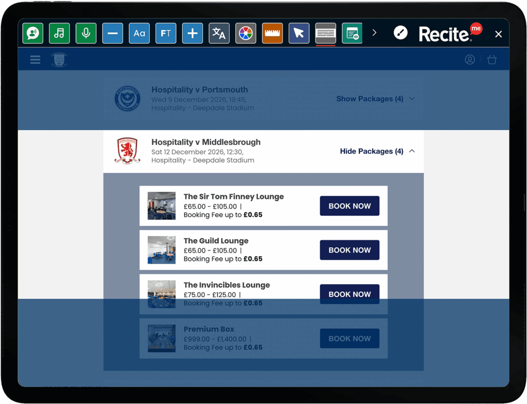 The toolbar using the screen mask feature on the Preston FC website